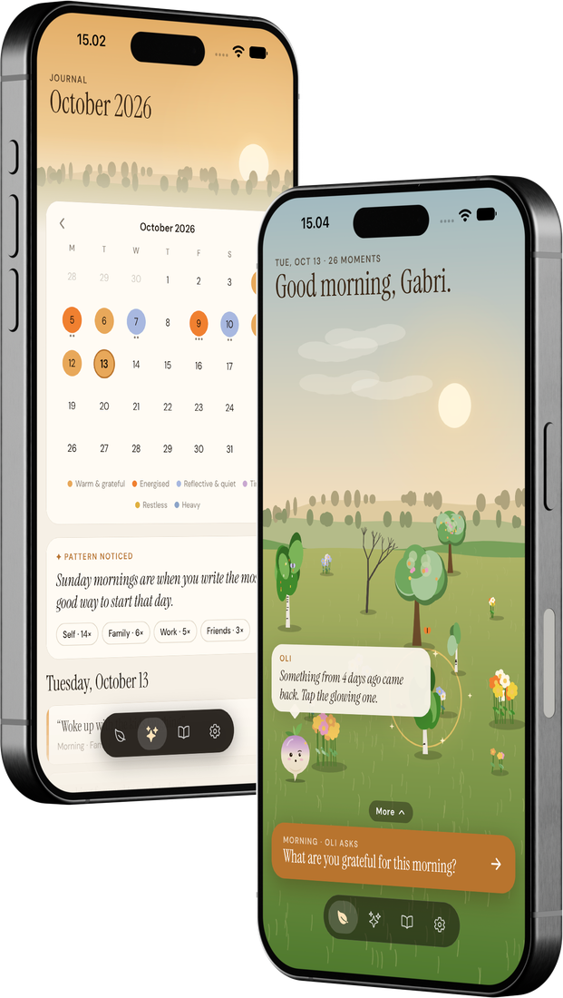 Echoes app screens: the journal calendar and the morning garden with Oli