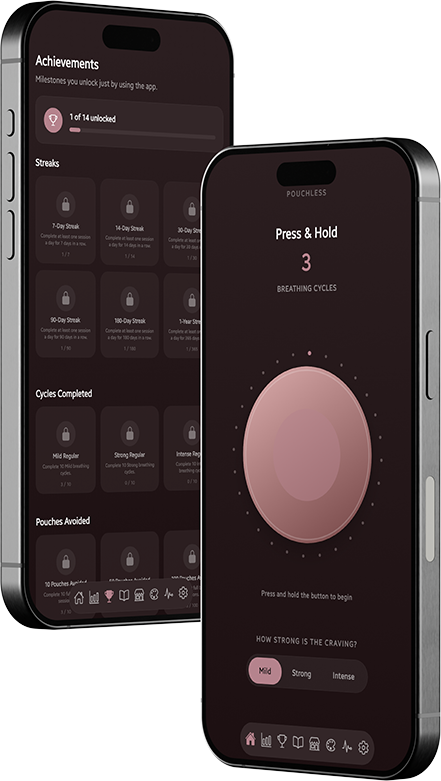 Pouchless app screens: achievements and the Press and Hold breathing button